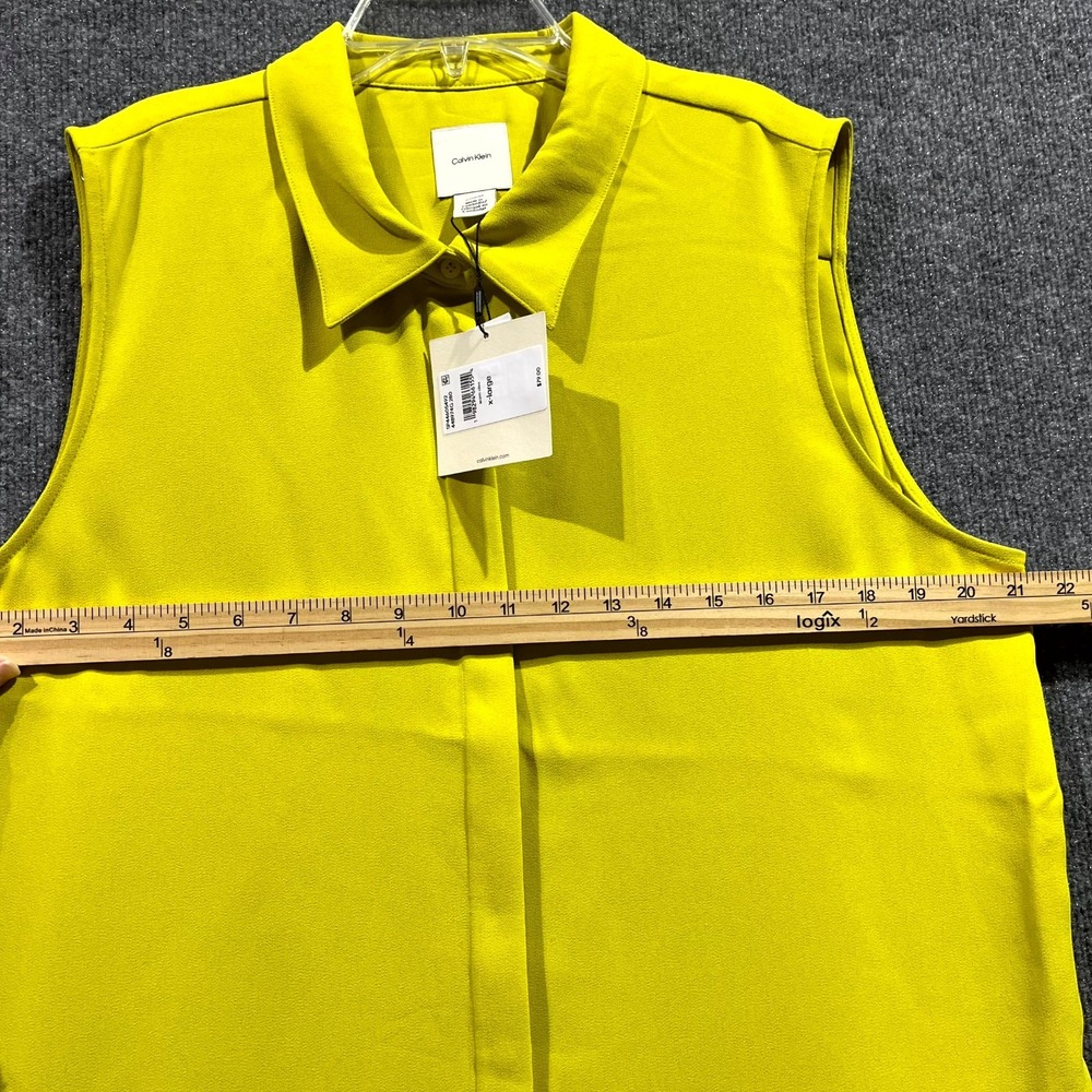 Calvin Klein‎ Crepe Shirt Womens XL Warm Olive Sleeveless Curved Hem Button Up - Picture 7 of 9